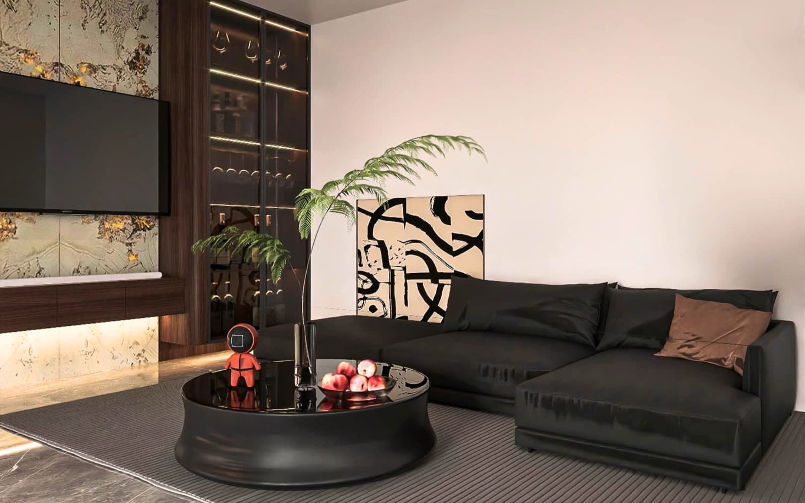 Phòng khách căn hộ Sinh Úc Building tông màu tối với sofa da đen và tranh nghệ thuật trừu tượng
